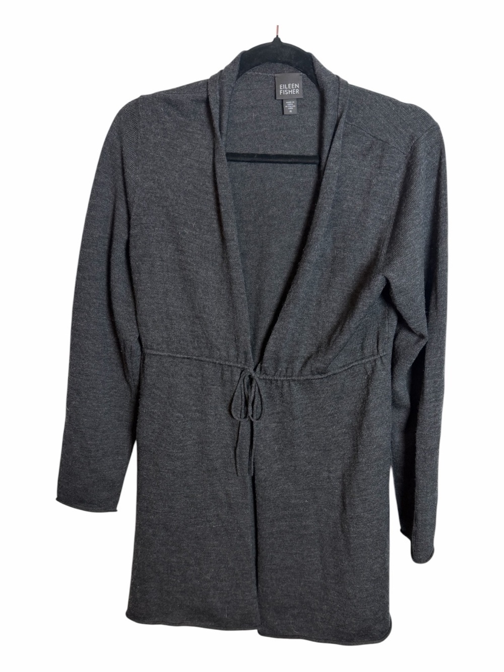 Eileen Fisher 100% Merino Wool Gray V-Neck Open Tie Cardigan Sweater M